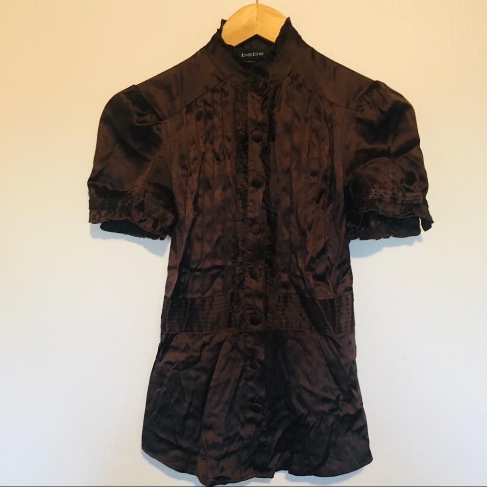 Bebe silk  brown button up ruffle blouse